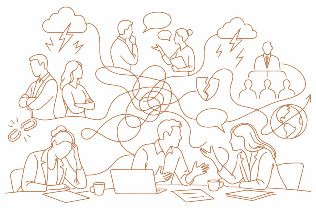 Skizzen von Menschen, die verschiedene Arten von Konflikten symbolisch diskutieren, mit verschiedenen Icons im Hintergrund.