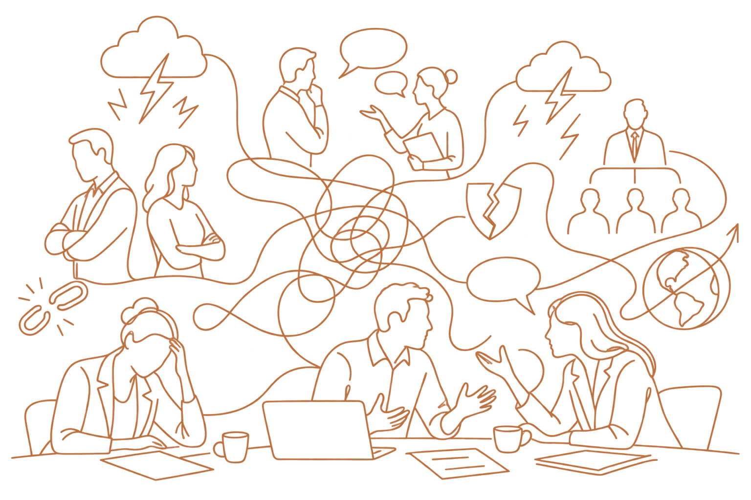 Skizzen von Menschen, die verschiedene Arten von Konflikten symbolisch diskutieren, mit verschiedenen Icons im Hintergrund.