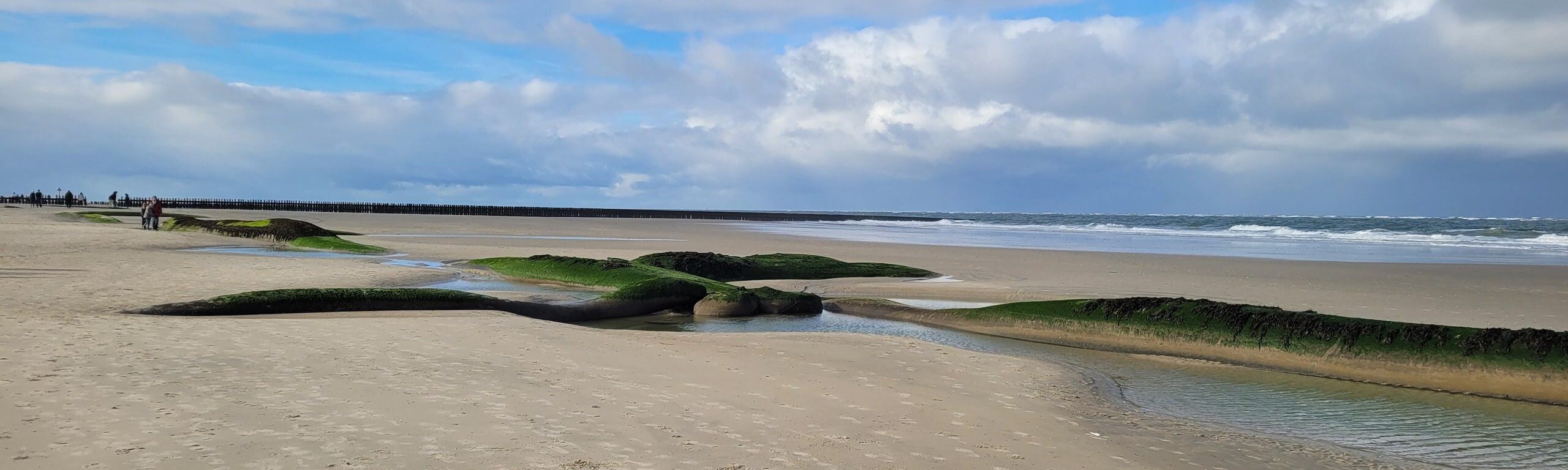 Breiter Sandstrand bei Ebbe mit Prielen und bemoosten Steinen unter einem wolkigen Himmel.