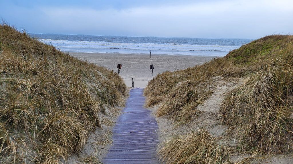 Ein schmaler Holzweg führt durch Sanddünen zum Meer an einem bewölkten Tag.